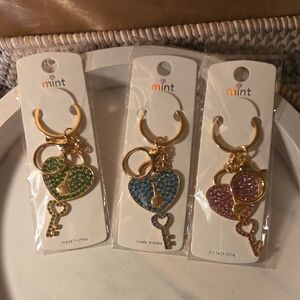 Mint Gold Heart Keychain Trio - Green, Blue, Pink Hang Tags